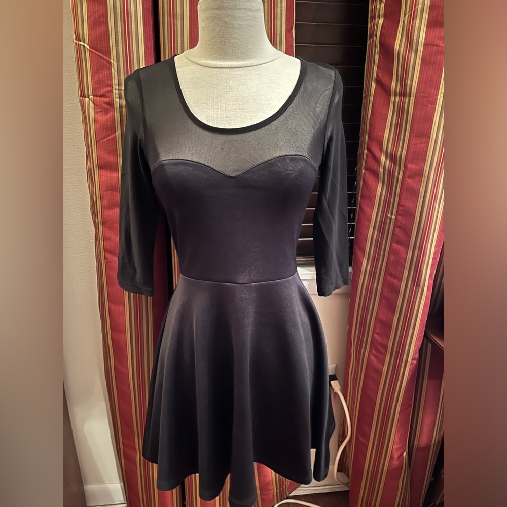Material Girl XS black skater dress with sheer yoke and sleeves